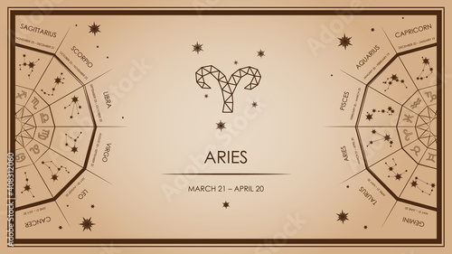 Aries, zodiac sign. Horoscopes, forecasts. Template and design of the website page, article, cover. Vector eps 10, in beige colors