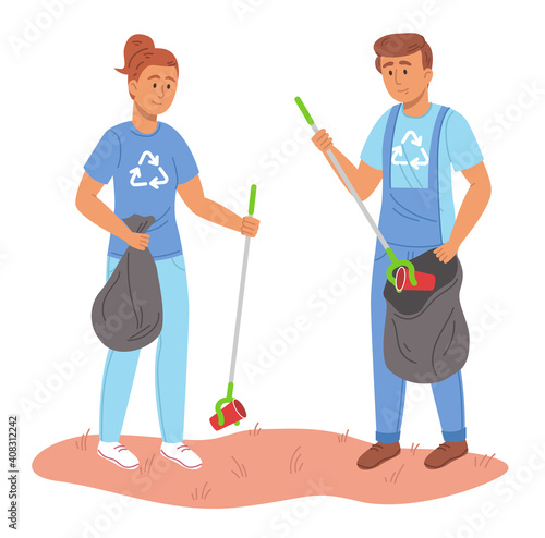 People pick up trash on the street. Flat design illustration. Vector