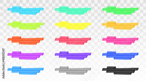 Color highlighter lines set isolated on transparent background. Red, yellow, pink, green, blue, purple, gray, black marker pen highlight underline strokes. Vector hand drawn graphic stylish element