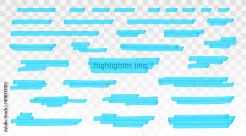 Blue highlighter lines set isolated on transparent background. Marker pen highlight underline strokes. Vector hand drawn graphic stylish element