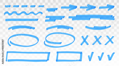 Blue highlighter set - lines, arrows, crosses, check, oval, rectangle isolated on transparent background. Marker pen highlight underline strokes. Vector hand drawn graphic stylish element