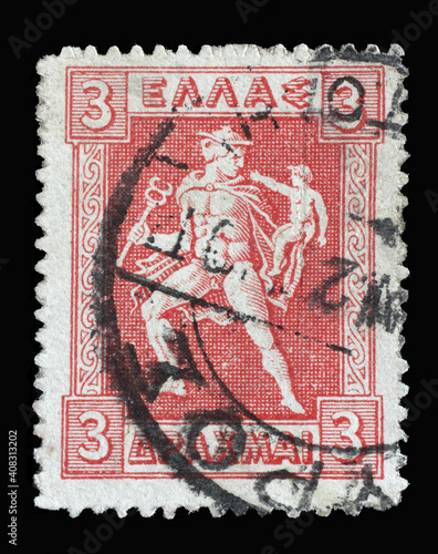 Stamp printed in Greece shows Hermes holding his little brother Arkas, Litho Hermes and Iris series, circa 1921
