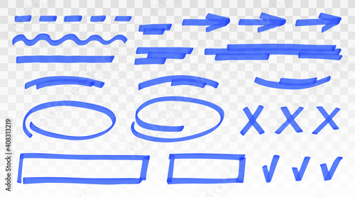 Blue highlighter set - lines, arrows, crosses, check, oval, rectangle isolated on transparent background. Marker pen highlight underline strokes. Vector hand drawn graphic stylish element