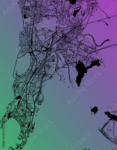 Mumbai, Maharashtra, India (IND) - Urban vector megacity map with parks, rail and roads, highways, minimalist town plan design poster, city center, downtown, transit network, gradient blueprint