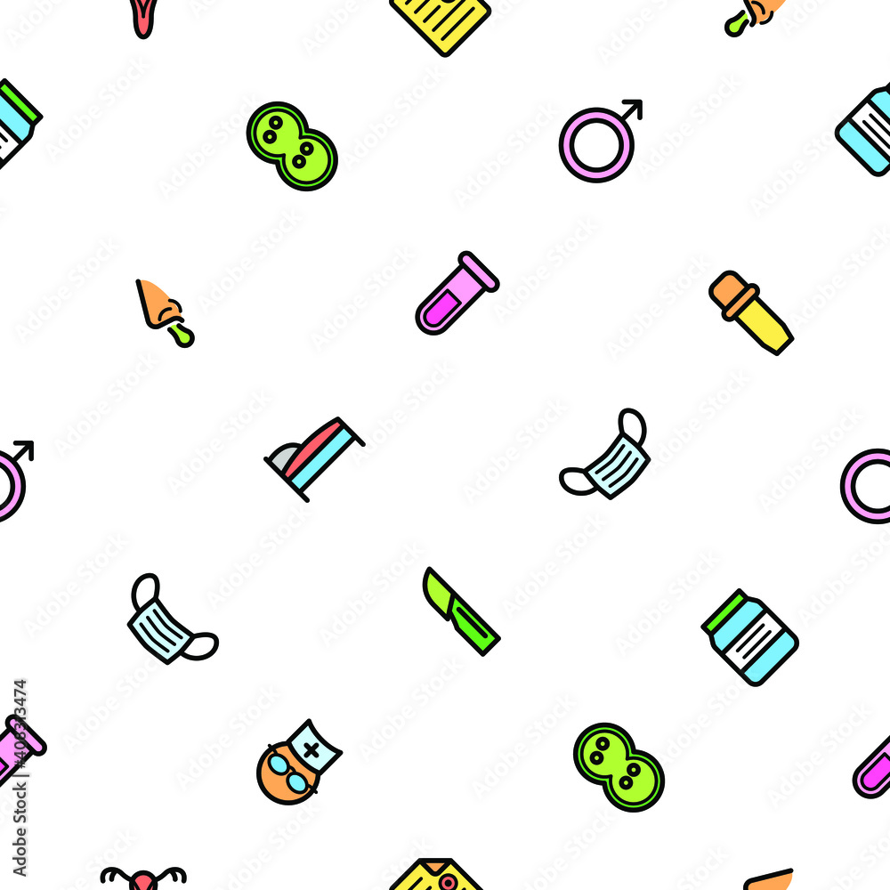 Obraz premium Seamless Pattern Abstract Doodle Elements Hand Drawn Collection Medicine Vector Design Style Background Medic Syringe Tablet Heart Illustration Cartoon Icons