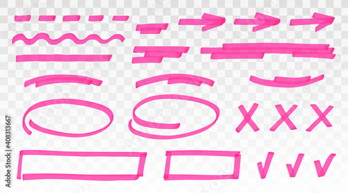 Pink highlighter set - lines, arrows, crosses, check, oval, rectangle isolated on transparent background. Marker pen highlight underline strokes. Vector hand drawn graphic stylish element