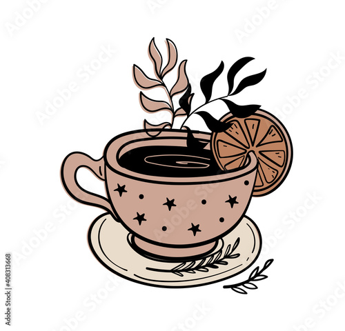 Tea time, lemon tea mug, coffee cup and plate. Doodle illustration for witch shop, witchcraft herbal potion, color hand drawing isolated on white background. Vector illustration.