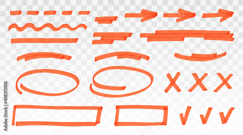 Orange highlighter set - lines, arrows, crosses, check, oval, rectangle isolated on transparent background. Marker pen highlight underline strokes. Vector hand drawn graphic stylish element