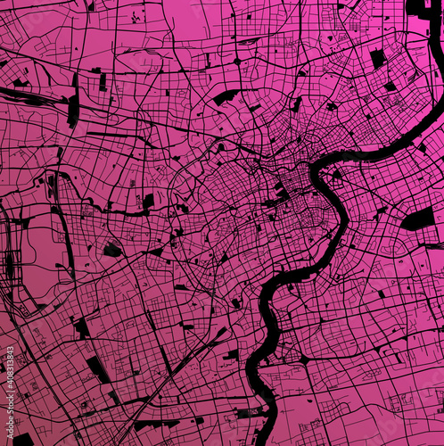 Shanghai, China (CHN) - Urban vector megacity map with parks, rail and roads, highways, minimalist town plan design poster, city center, downtown, transit network, gradient blueprint