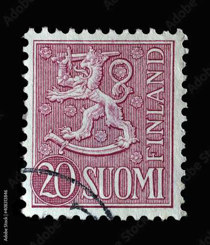 Stamp printed in the Finland shows Crowned Lion, Coat of Arms of the Republic of Finland, Hammarsten-Jansson Design, circa 1954