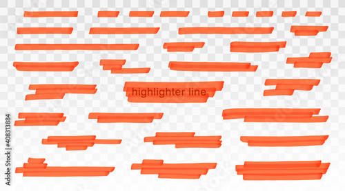 Orange highlighter lines set isolated on transparent background. Marker pen highlight underline strokes. Vector hand drawn graphic stylish element