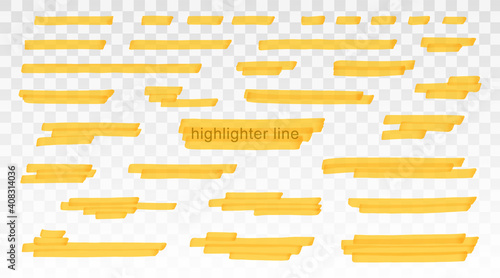 Yellow highlighter lines set isolated on transparent background. Marker pen highlight underline strokes. Vector hand drawn graphic stylish element