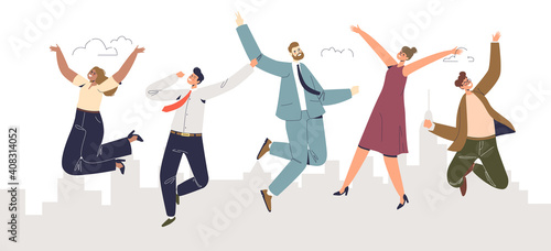 Business team jumping celebrating success. Happy businesspeople cheerful and emotional