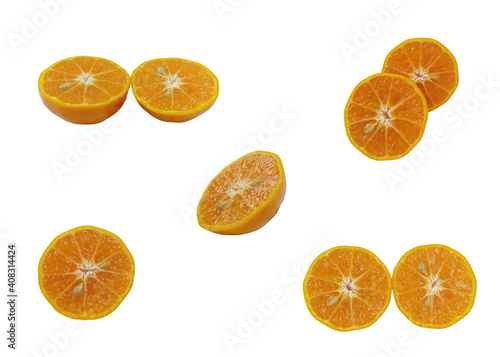 Set of various sliced orange isolated on white background.