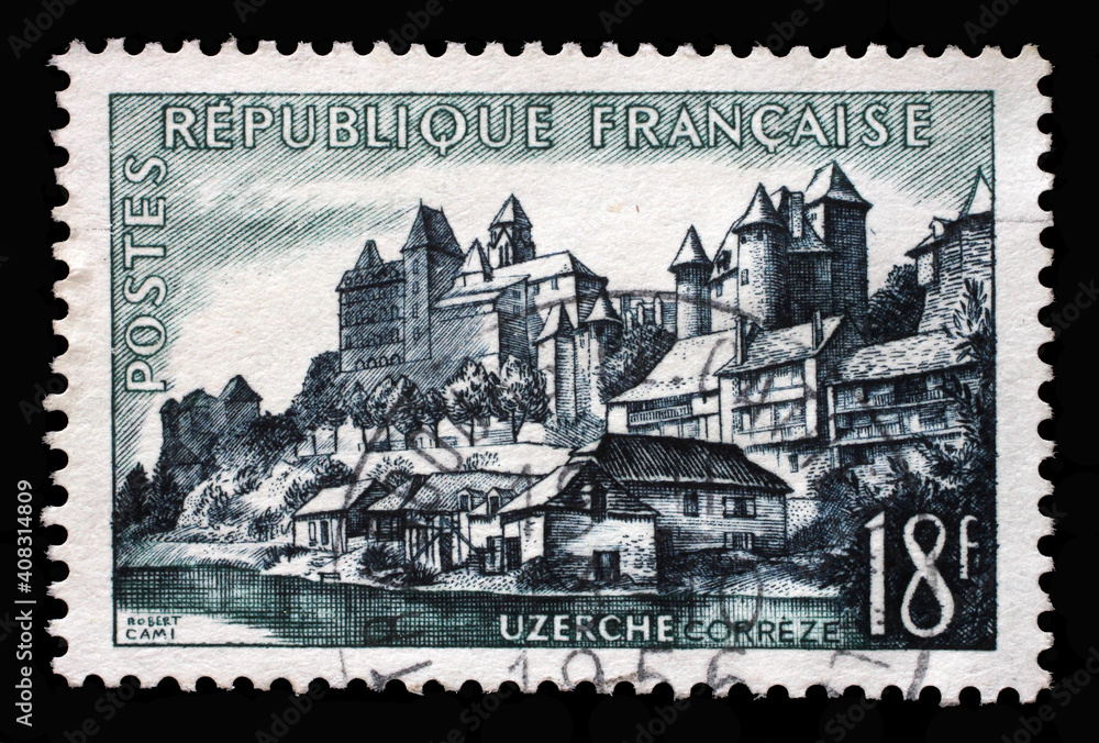 Stamp printed in the France shows Uzerche, Tourism series, circa 1955.
