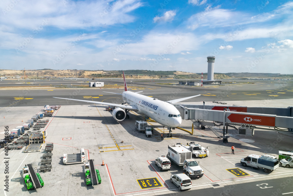 Turkish Airlines Boeing 777300 parked at a gate at Istanbul Airport