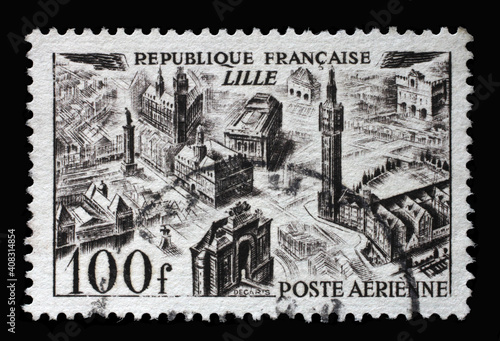 Stamp printed in the France shows Views of the town - Lille, Aerial Cityscapes series, circa 1949