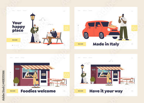Set of landing pages with takeaway food and delivery concept and cartoon characters eating outdoors