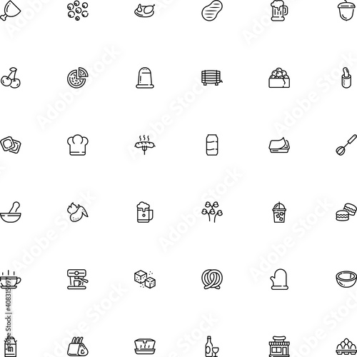 icon vector icon set such as: takeaway, burn, retro, cock, profession, drawn, rare, hat, maki, meringue, brewing, seafood, mortar and pestle, dog, pharmacist, cheese, ice, label, cube, acorn