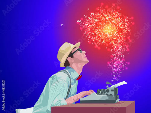A magnificent story, author typing on a typewriter