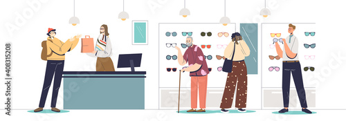 Optics store interior with people choosing and buying eyeglasses. Modern shop with glasses
