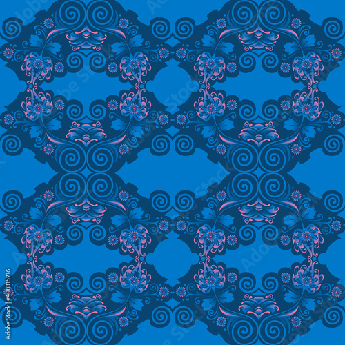 Seamless pattern consisting of stylized flowers and leaves. Japanese motives. Wallpaper. Vector graphics