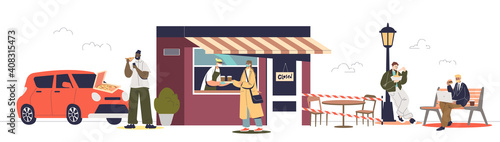 People buying takeaway food and beverages in cafe for covid protection and prevention