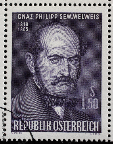 Stamp issued in Austria shows Ignaz Philipp Semmelweis - Hungarian physician, now known as an early pioneer of antiseptic procedures, circa 1965
