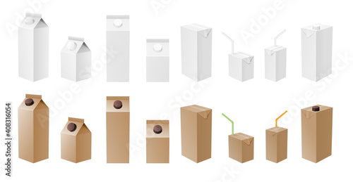 Milk and juice pack white and craft mockup. Realistic carton package isolated, template for dairy product