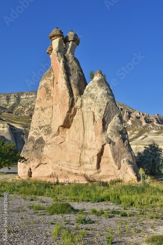 Amazing Volcanic rock formations known as Love Valley or Fairy Chimneys in Cappadocia, Turkey. Mushroom Valley one of attractions in Goreme National Park, Turkey. Vertical position.