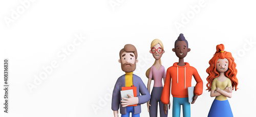 Group of entrepreneurs together holding laptops and documents, funny cartoon characters, trendy 3d illustration. Business teamwork concept.