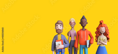 Group of diverse business people on a yellow background template. Business teamwork concept. Trendy 3d illustration