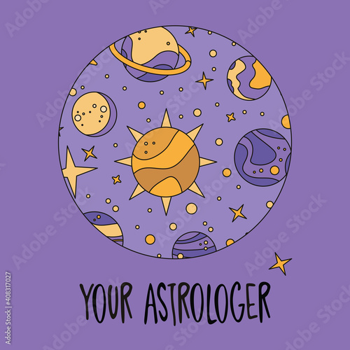Logo for astrologer. Emblem with planets. Website page about astrology and astronomy. Planets of the solar system, Moon, Jupiter, asteroids, Sun, Venus, Mars, stars, Earth. Set of icons with planet