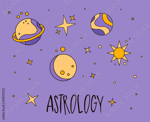 Flat style solar system illustration. Poster for planetarium and study of astronomy. Astrological forecast, horoscope, planets, stars, zodiac signs, icons for astrologer, occultism, prediction