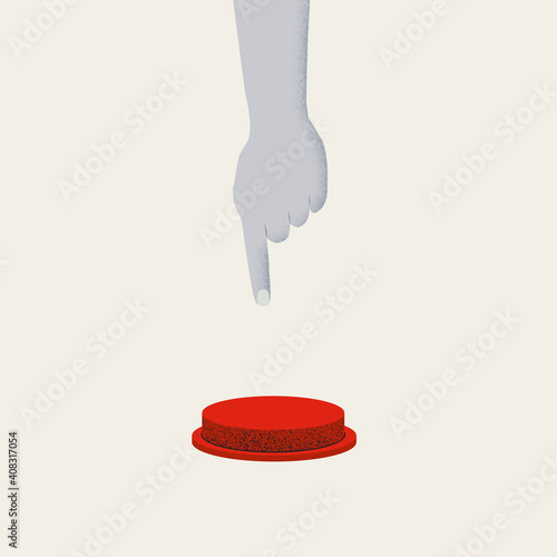 Red button vector concept. Symbol of start, launch, kick off or panic switch, warning sign.