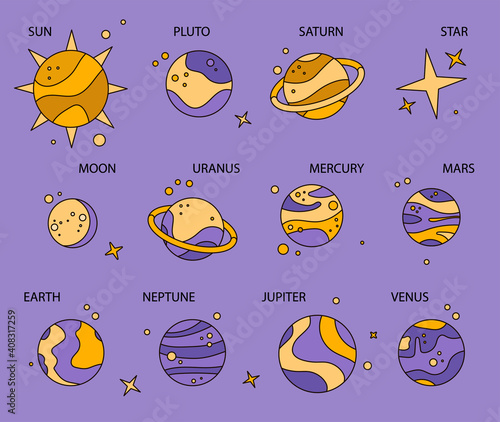 Solar system planets in universe, vector infographic. Planet and stars, icons set for study of astronomy. Moon, Sun, Mars, Venus. Illustration for astrologer.