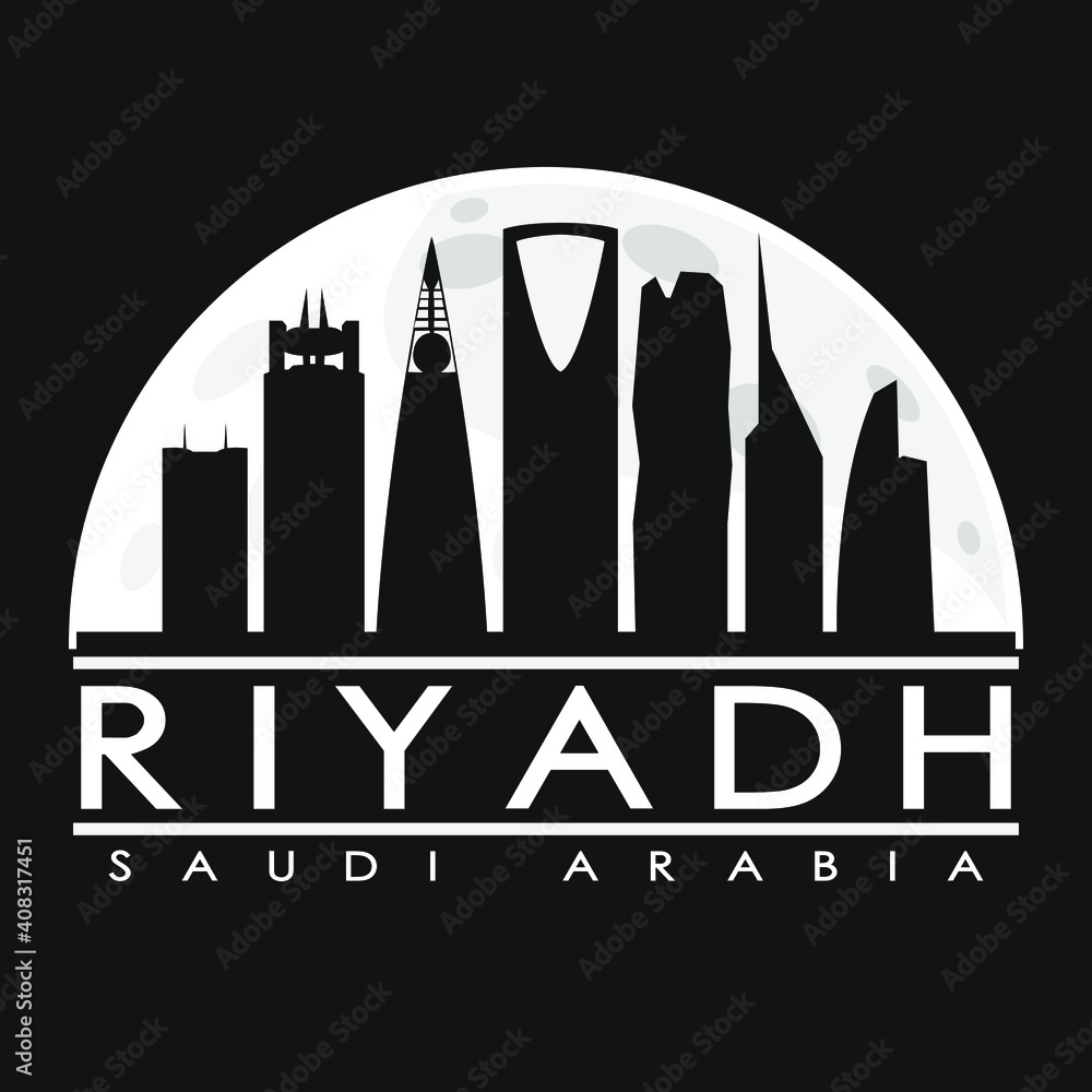Riyadh Full Moon Night Skyline Silhouette Design City Vector Art Background.