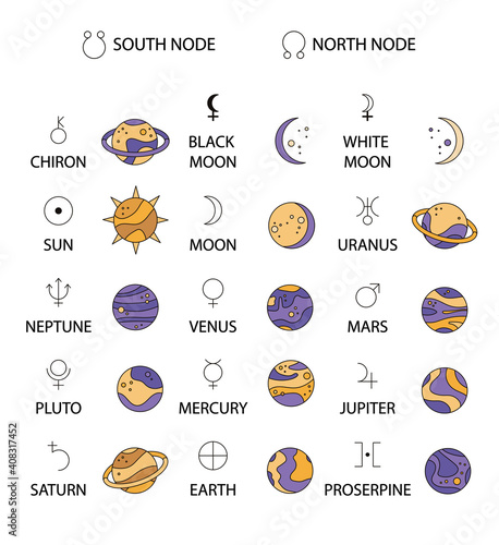Astrological designations of planets and aspects for astrologer. Black Moon, horoscope, natal chart, the meaning of the planets, study of astrology. Set of icons with planets and their symbols