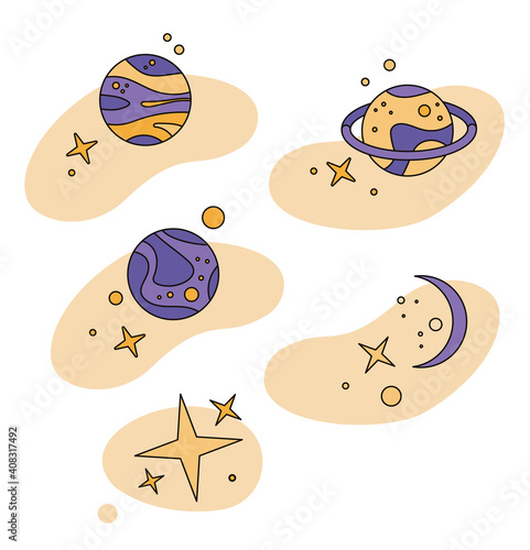 Sticker pack for astrologer with planets and stars. Moon, Jupiter, asteroids, milky way, Venus, Mars. Set of icons with planets