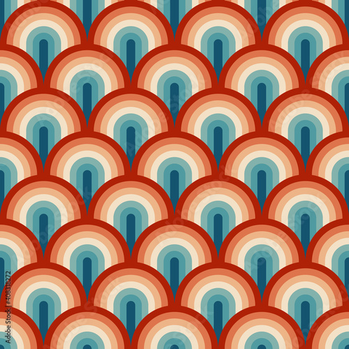 Retro summer 70s rainbow stripes pattern. Retrowave 80s art retro rainbow illustration. Seamless vector background.