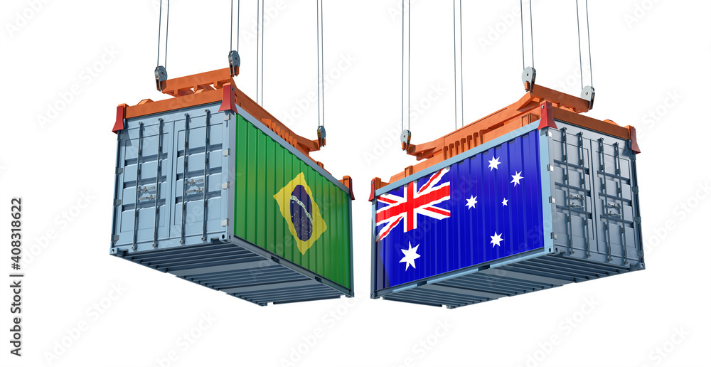 Freight containers with Brazil and Australia flag. 3D Rendering Freight containers with Brazil and Australia flag. 3D Rendering