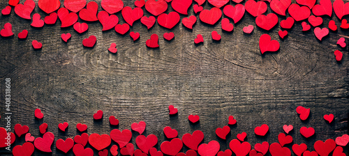 Valentine Card - Red Hearts On Wooden Table