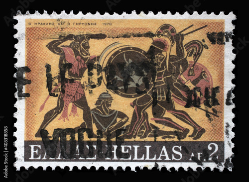 Stamp printed in Greece shows Hercules Deeds - Hercules and Geryon, circa 1970