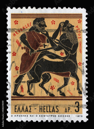 Stamp printed in Greece shows Hercules Deeds - Hercules and Centaur Nessus, circa 1970