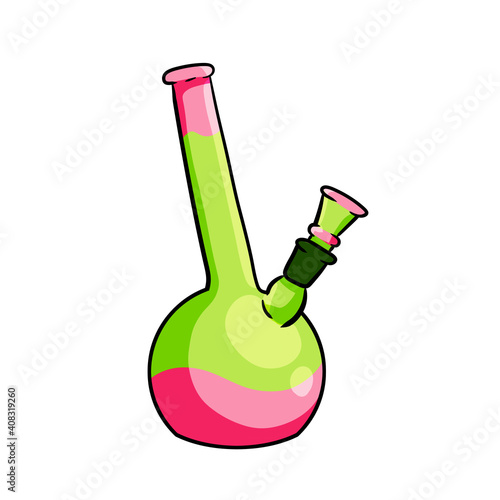 Bong for Smoking tobacco and marijuana. Drug dependence. Cartoon illustration. Glass bottle for cannabis