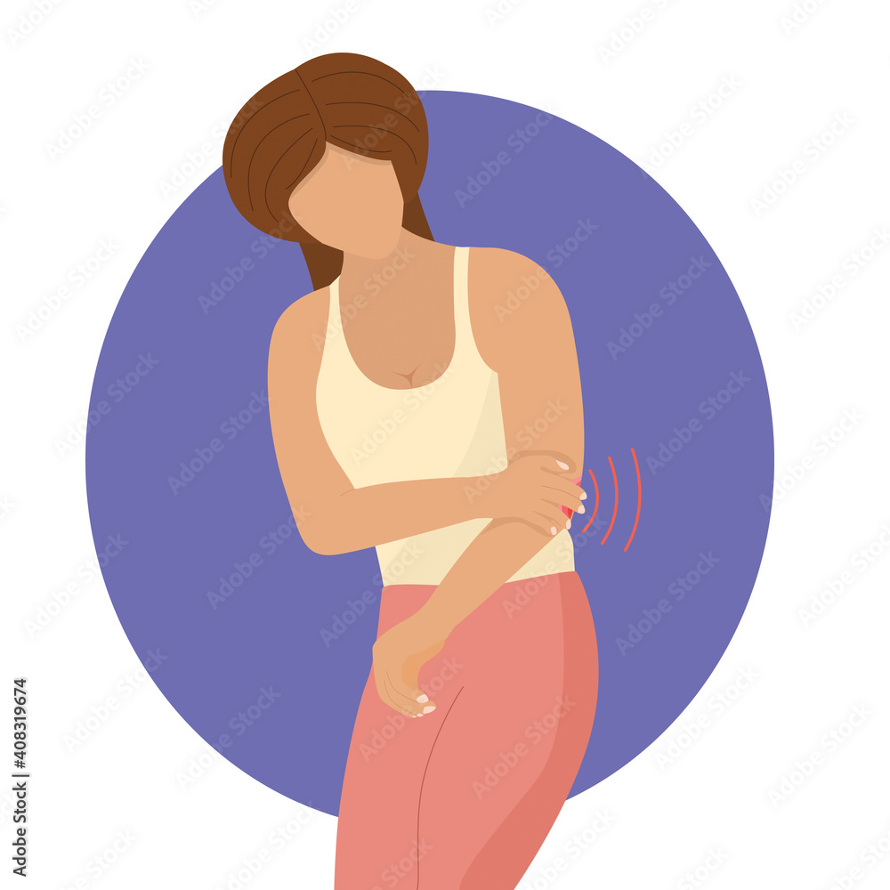 Girl suffers from acute pain in the elbow joint, inflammation, arthrosis or bursitis, vector illustration in flat style Girl suffers from acute pain in the elbow joint, inflammation, arthrosis or bursitis, vector illustration in flat style