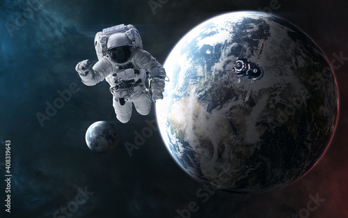 Astronaut on background of planet Earth and the moon. Solar system. 3D Render. Science fiction. Elements of this image furnished by NASA