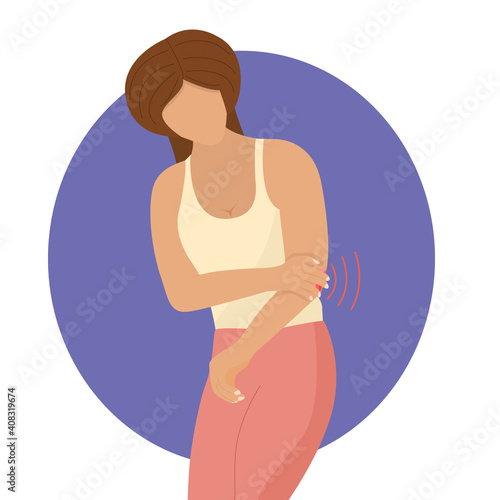 Girl suffers from acute pain in the elbow joint, inflammation, arthrosis or bursitis, vector illustration in flat style