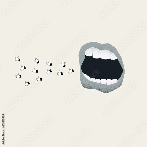 Social media addiction vector concept. Mouth spewing likes. Symbol of technology consuming lives.
