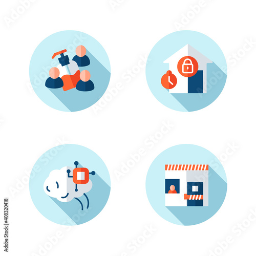 New normal concept flat icons set. Health care and prevention culture. Social isolation and global automation. New life after covid19 outbreak. Isolated color vector illustration with shadow